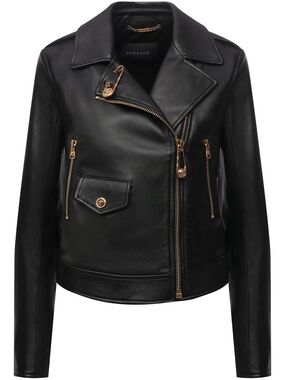 Versace Black Leather Biker Jacket with Gold-Tone Hardware
